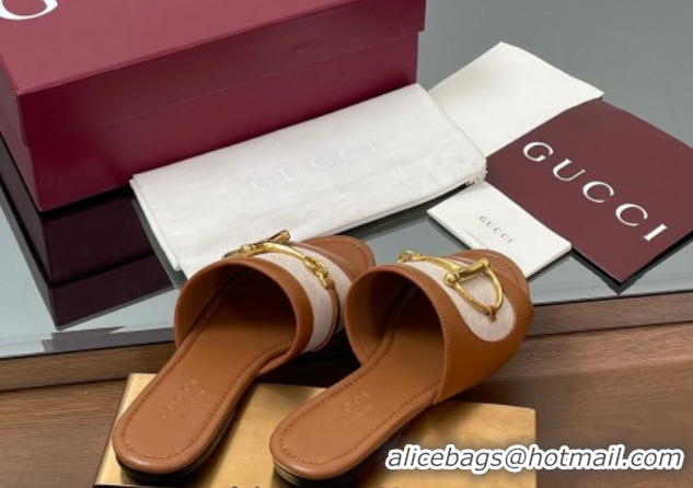 Grade Gucci Flat Slides Sandal in Canvas and Lambskin with Horsebit Beige/Brown 0609093