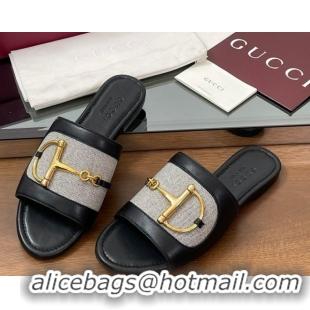 Hot Style Gucci Flat Slides Sandal in Canvas and Lambskin with Horsebit Grey/Black 0609094