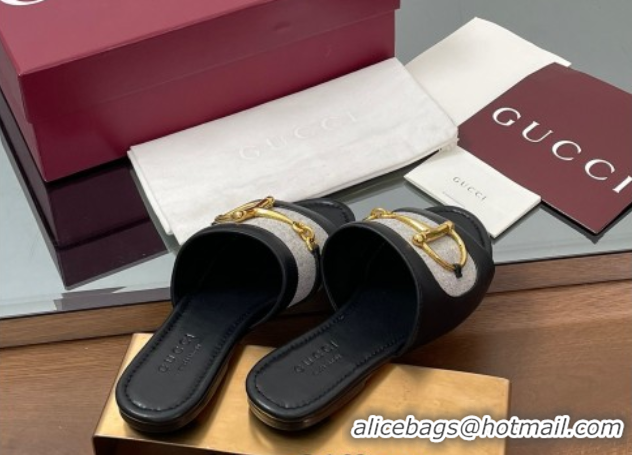 Hot Style Gucci Flat Slides Sandal in Canvas and Lambskin with Horsebit Grey/Black 0609094