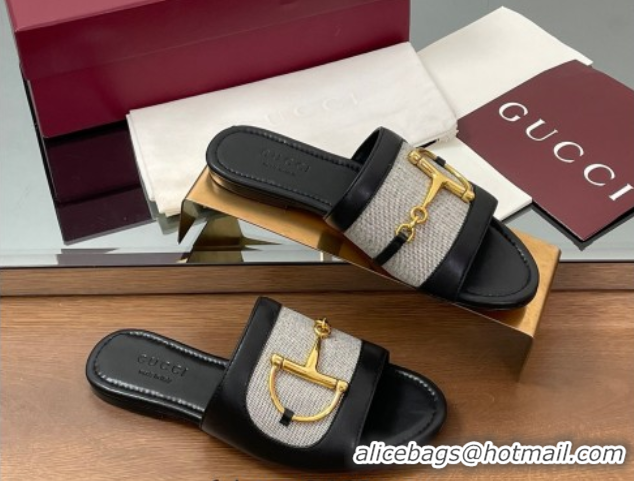 Hot Style Gucci Flat Slides Sandal in Canvas and Lambskin with Horsebit Grey/Black 0609094
