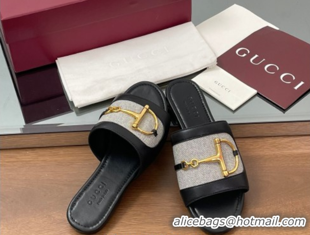 Hot Style Gucci Flat Slides Sandal in Canvas and Lambskin with Horsebit Grey/Black 0609094
