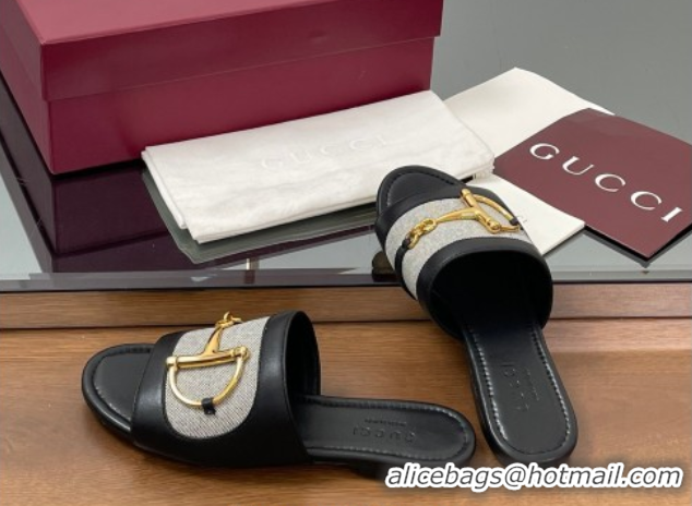 Hot Style Gucci Flat Slides Sandal in Canvas and Lambskin with Horsebit Grey/Black 0609094