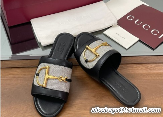 Hot Style Gucci Flat Slides Sandal in Canvas and Lambskin with Horsebit Grey/Black 0609094