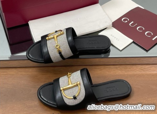 Hot Style Gucci Flat Slides Sandal in Canvas and Lambskin with Horsebit Grey/Black 0609094