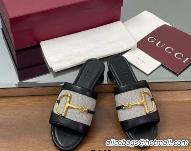 Hot Style Gucci Flat Slides Sandal in Canvas and Lambskin with Horsebit Grey/Black 0609094