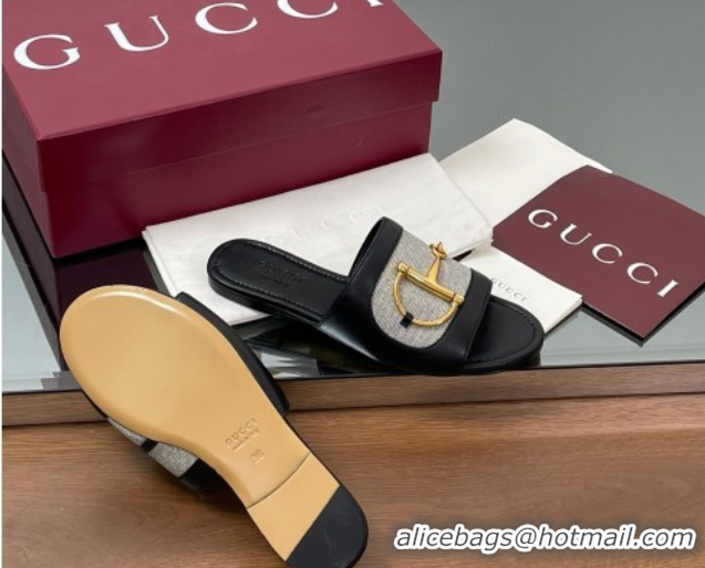Hot Style Gucci Flat Slides Sandal in Canvas and Lambskin with Horsebit Grey/Black 0609094