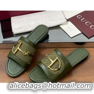 Top Design Gucci Flat Slides Sandal in GG Canvas and Lambskin with Horsebit Green 0609095