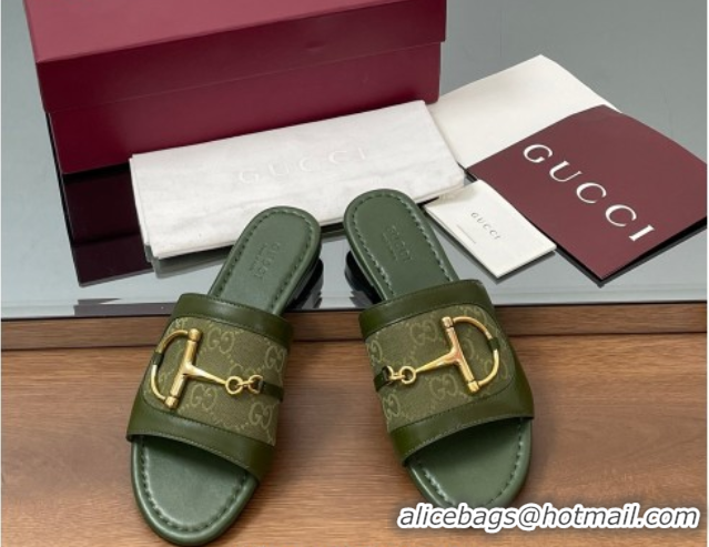 Top Design Gucci Flat Slides Sandal in GG Canvas and Lambskin with Horsebit Green 0609095