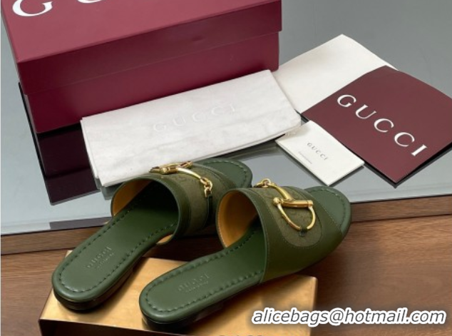 Top Design Gucci Flat Slides Sandal in GG Canvas and Lambskin with Horsebit Green 0609095