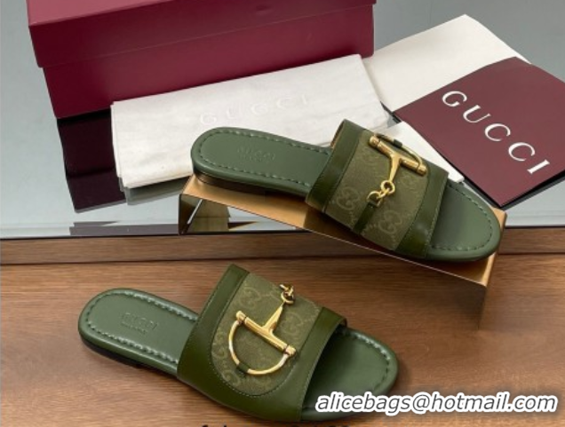 Top Design Gucci Flat Slides Sandal in GG Canvas and Lambskin with Horsebit Green 0609095
