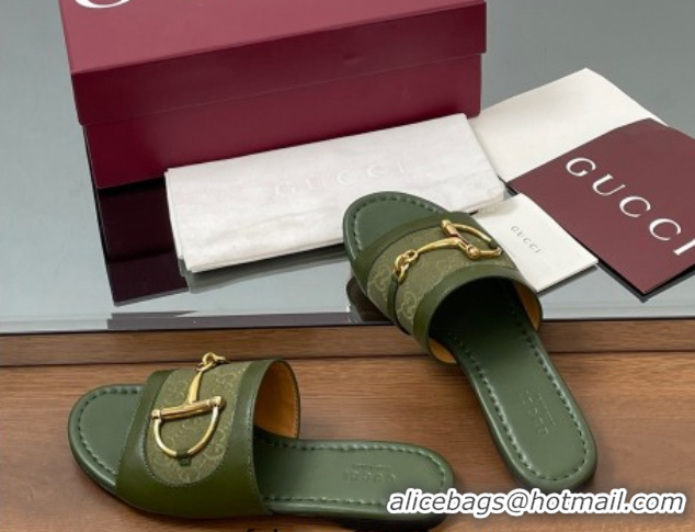 Top Design Gucci Flat Slides Sandal in GG Canvas and Lambskin with Horsebit Green 0609095