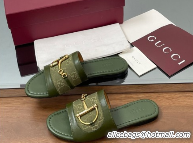 Top Design Gucci Flat Slides Sandal in GG Canvas and Lambskin with Horsebit Green 0609095