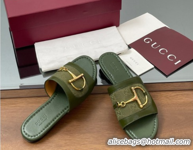 Top Design Gucci Flat Slides Sandal in GG Canvas and Lambskin with Horsebit Green 0609095
