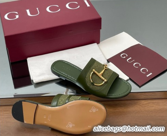Top Design Gucci Flat Slides Sandal in GG Canvas and Lambskin with Horsebit Green 0609095