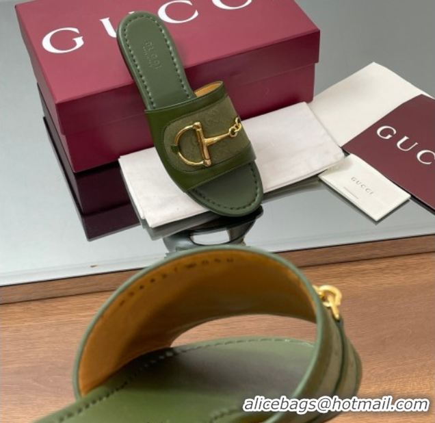 Top Design Gucci Flat Slides Sandal in GG Canvas and Lambskin with Horsebit Green 0609095