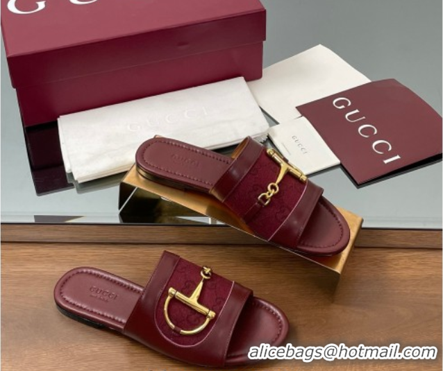 Most Popular Gucci Flat Slides Sandal in GG Canvas and Lambskin with Horsebit Red 0609096
