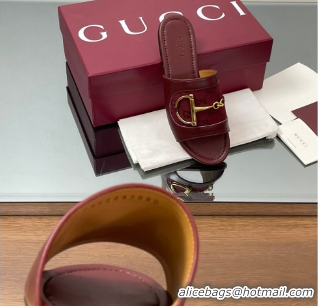 Most Popular Gucci Flat Slides Sandal in GG Canvas and Lambskin with Horsebit Red 0609096