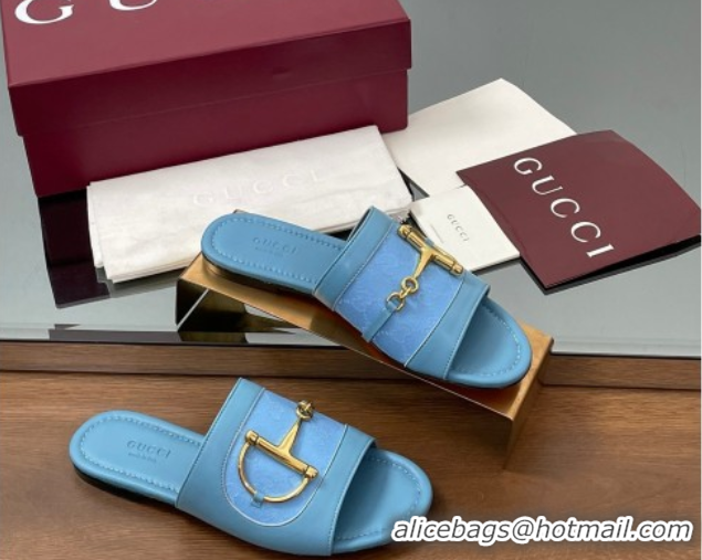 Big Discount Gucci Flat Slides Sandal in GG Canvas and Lambskin with Horsebit Light Blue 0609097