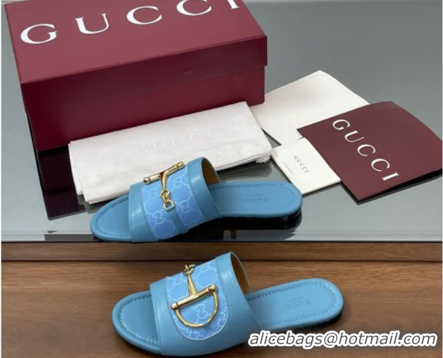 Big Discount Gucci Flat Slides Sandal in GG Canvas and Lambskin with Horsebit Light Blue 0609097