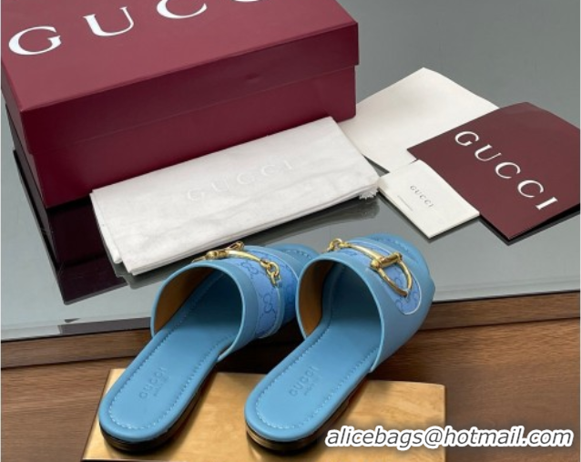 Big Discount Gucci Flat Slides Sandal in GG Canvas and Lambskin with Horsebit Light Blue 0609097