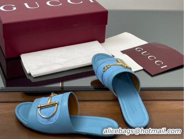 Big Discount Gucci Flat Slides Sandal in GG Canvas and Lambskin with Horsebit Light Blue 0609097