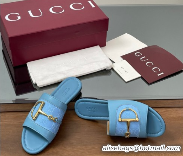 Big Discount Gucci Flat Slides Sandal in GG Canvas and Lambskin with Horsebit Light Blue 0609097