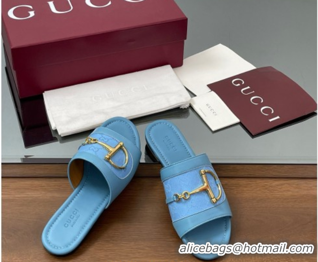 Big Discount Gucci Flat Slides Sandal in GG Canvas and Lambskin with Horsebit Light Blue 0609097