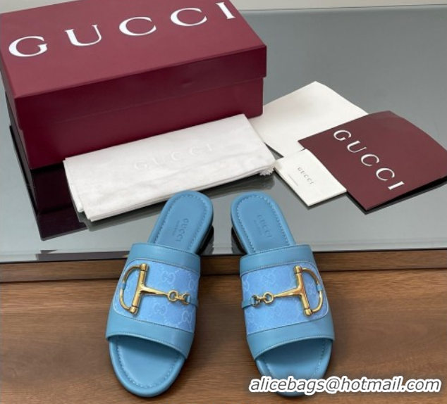 Big Discount Gucci Flat Slides Sandal in GG Canvas and Lambskin with Horsebit Light Blue 0609097