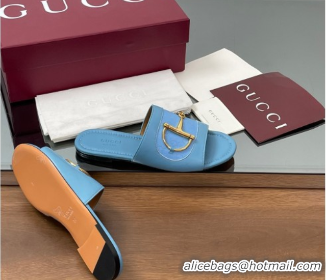 Big Discount Gucci Flat Slides Sandal in GG Canvas and Lambskin with Horsebit Light Blue 0609097