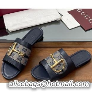 Most Popular Gucci Flat Slides Sandal in GG Canvas and Lambskin with Horsebit Dark Blue 0609098