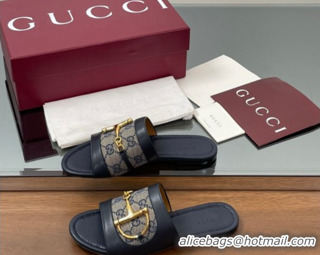 Most Popular Gucci Flat Slides Sandal in GG Canvas and Lambskin with Horsebit Dark Blue 0609098