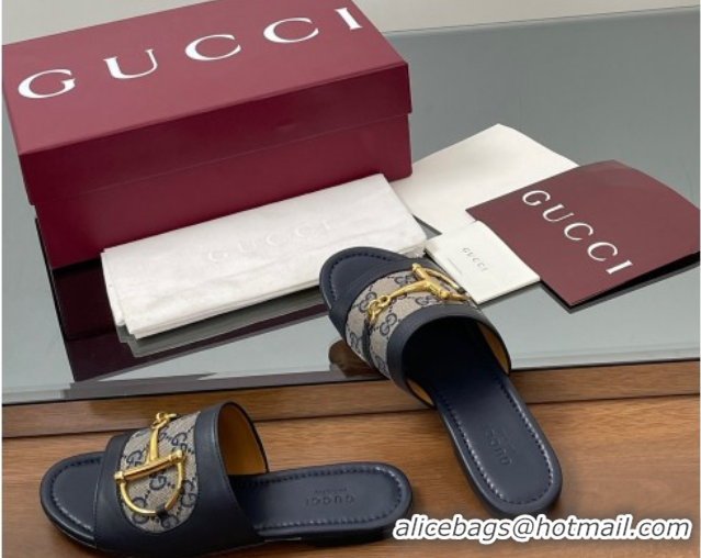 Most Popular Gucci Flat Slides Sandal in GG Canvas and Lambskin with Horsebit Dark Blue 0609098