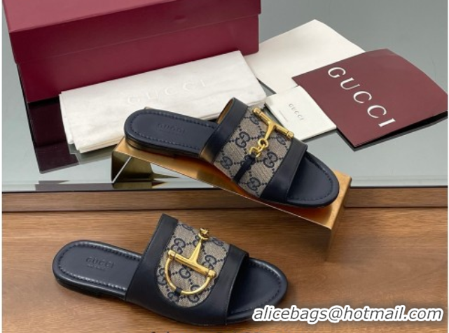 Most Popular Gucci Flat Slides Sandal in GG Canvas and Lambskin with Horsebit Dark Blue 0609098