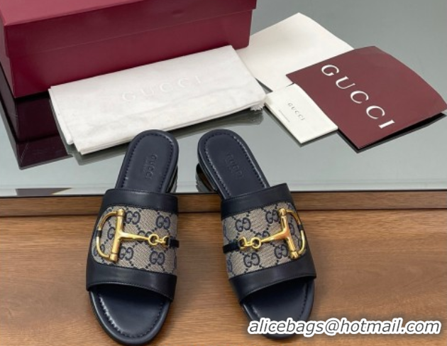 Most Popular Gucci Flat Slides Sandal in GG Canvas and Lambskin with Horsebit Dark Blue 0609098