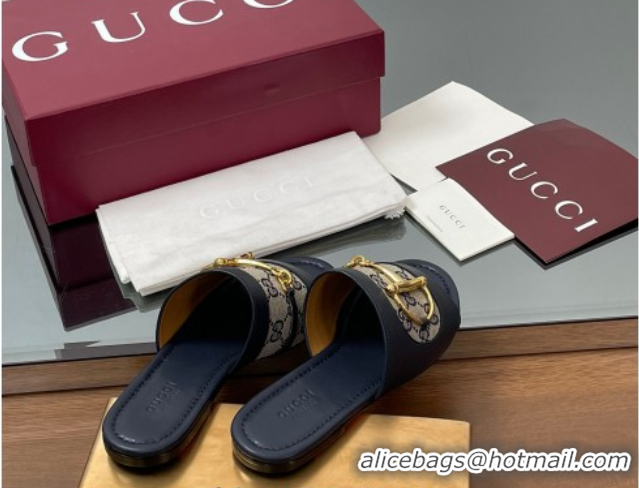 Most Popular Gucci Flat Slides Sandal in GG Canvas and Lambskin with Horsebit Dark Blue 0609098