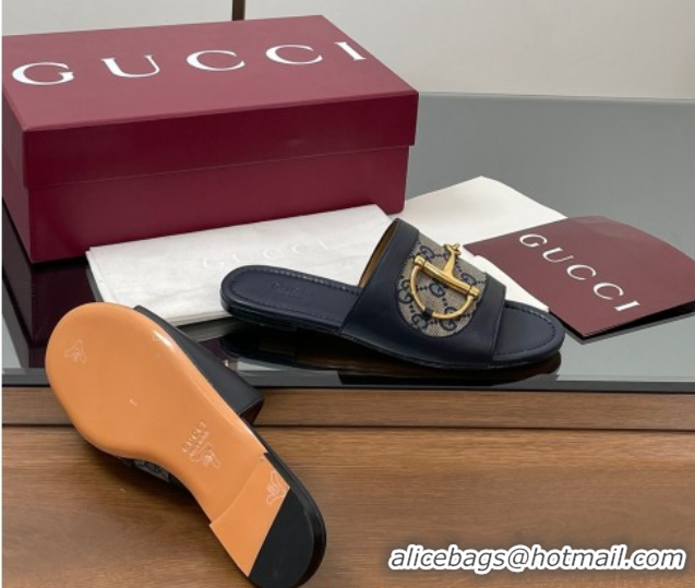 Most Popular Gucci Flat Slides Sandal in GG Canvas and Lambskin with Horsebit Dark Blue 0609098