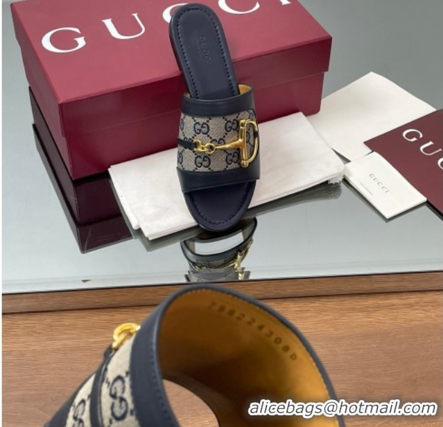 Most Popular Gucci Flat Slides Sandal in GG Canvas and Lambskin with Horsebit Dark Blue 0609098