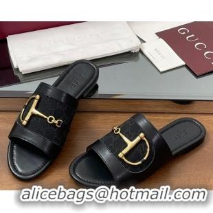 Luxurious Gucci Flat Slides Sandal in GG Canvas and Lambskin with Horsebit Black 0609099