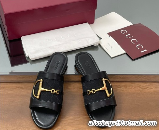 Luxurious Gucci Flat Slides Sandal in GG Canvas and Lambskin with Horsebit Black 0609099