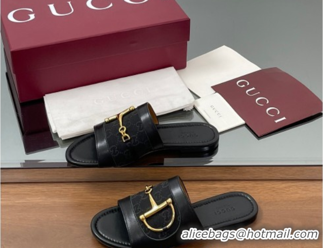 Luxurious Gucci Flat Slides Sandal in GG Canvas and Lambskin with Horsebit Black 0609099