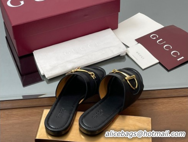 Luxurious Gucci Flat Slides Sandal in GG Canvas and Lambskin with Horsebit Black 0609099