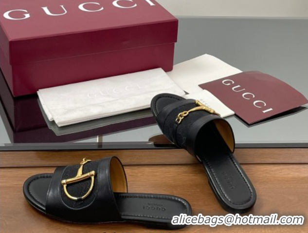 Luxurious Gucci Flat Slides Sandal in GG Canvas and Lambskin with Horsebit Black 0609099