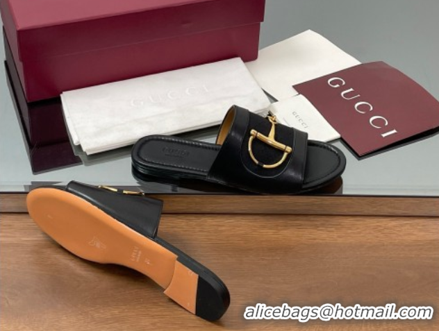 Luxurious Gucci Flat Slides Sandal in GG Canvas and Lambskin with Horsebit Black 0609099