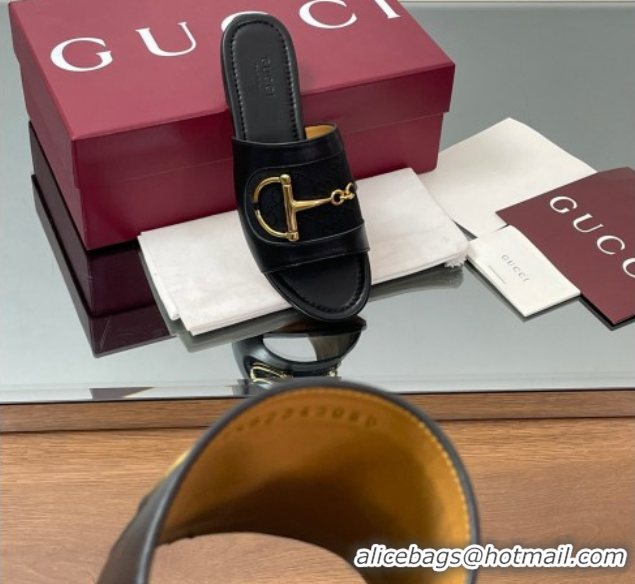 Luxurious Gucci Flat Slides Sandal in GG Canvas and Lambskin with Horsebit Black 0609099