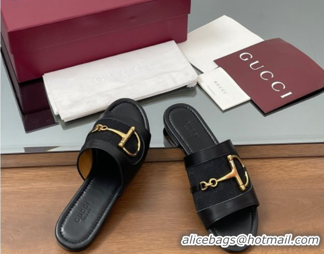 Luxurious Gucci Flat Slides Sandal in GG Canvas and Lambskin with Horsebit Black 0609099