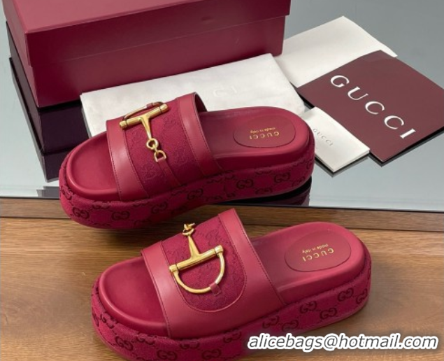 Durable Gucci Platform Slides Sandal 5.5cm in GG Canvas and Lambskin with Horsebit Red 0609100