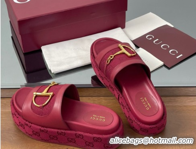 Durable Gucci Platform Slides Sandal 5.5cm in GG Canvas and Lambskin with Horsebit Red 0609100