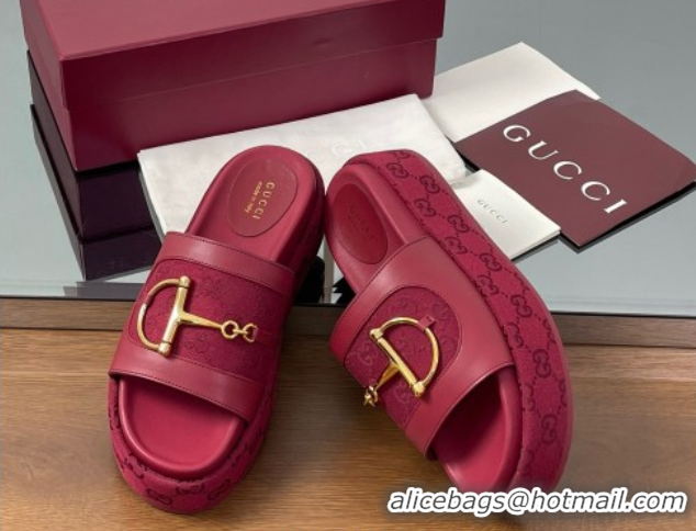 Durable Gucci Platform Slides Sandal 5.5cm in GG Canvas and Lambskin with Horsebit Red 0609100