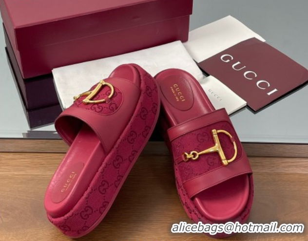 Durable Gucci Platform Slides Sandal 5.5cm in GG Canvas and Lambskin with Horsebit Red 0609100