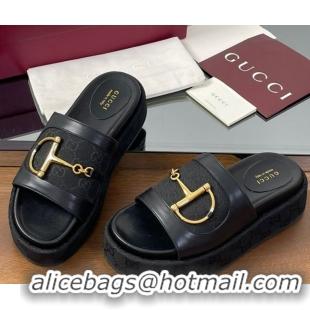 Big Discount Gucci Platform Slides Sandal 5.5cm in GG Canvas and Lambskin with Horsebit Black 0609101